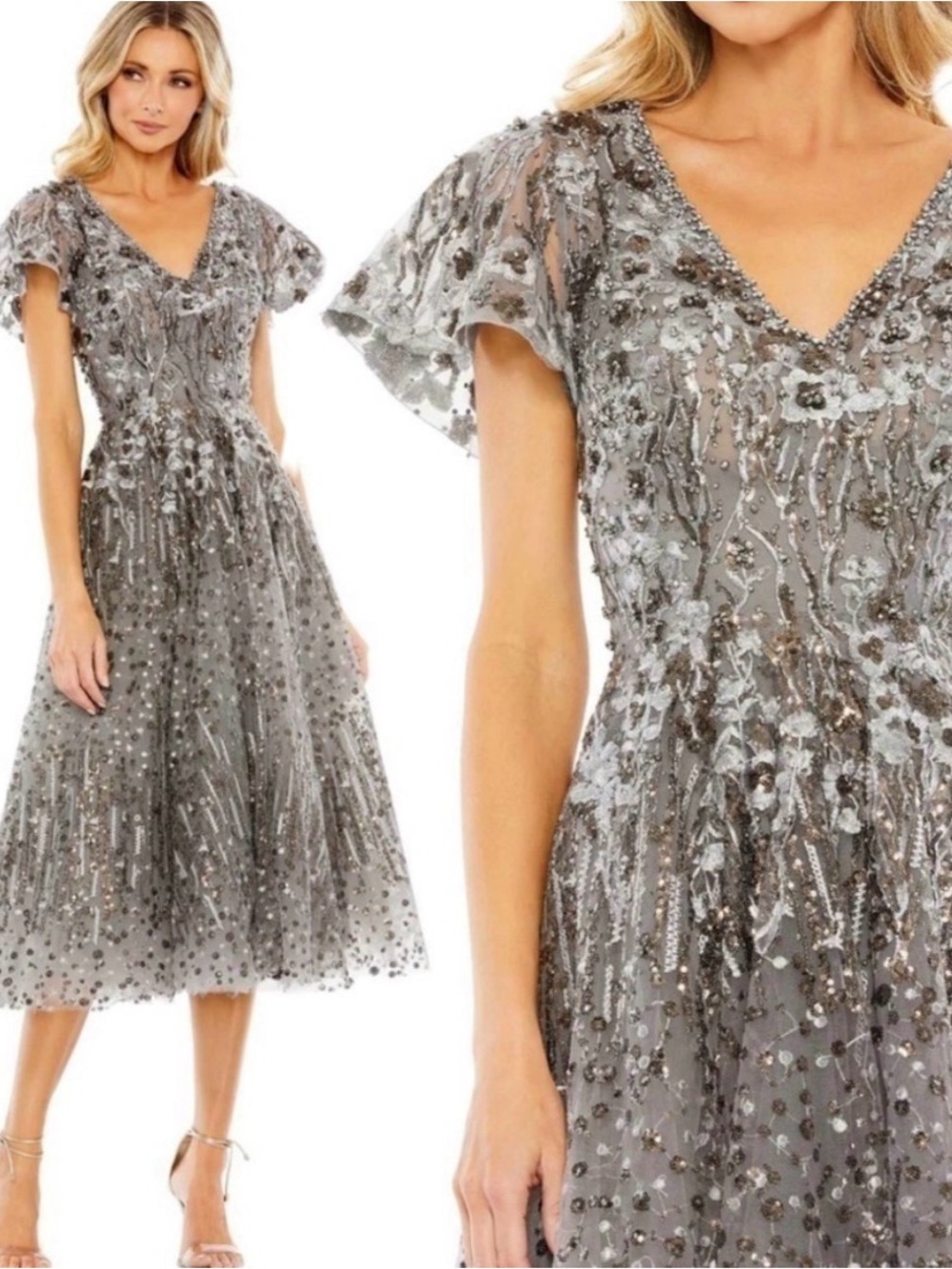 Mac Duggal EMBELLISHED BUTTERFLY FIT AND FLARE TEA-LENGTH DRESS size 14 NEW $698